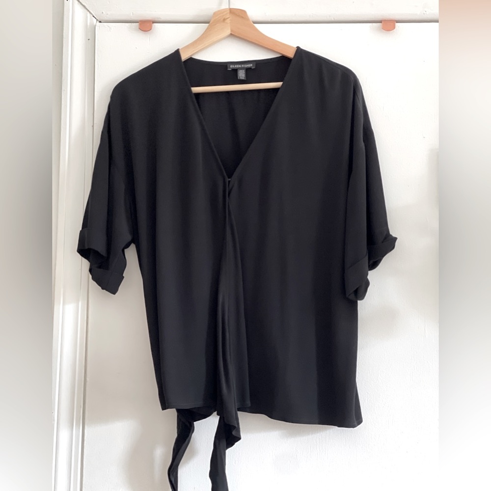 Eileen Fisher Medium Black Wrap Shirt Blouse